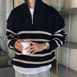 Mens Clothing Business Zip-up Knit Sweater Male Coat Zipper Striped Jacket Collared Pullovers T Shirt Korean Fashion Neck 240423