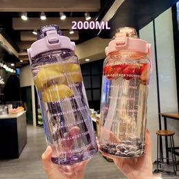 2 Liter Water Bottle with Straw Portable Large Capacity Bottles Outdoor Sport Cold Time Marker Drinkware Gift 240420