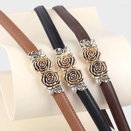 Belts 2024 Genuine Leather Women Fine Belt Rose Flower Buckle Waistband Slim Top Layer Cowhide With Sweater Dress Decoration