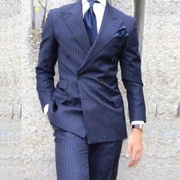 Men's Suits Classic Navy Blue Stripe Men Groom Tuxedos Groomsmen Man Wedding Bridegroom Business Prom Jacket Pants