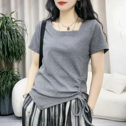 Women's Blouses Fashion Solid Colour Shirring Bandage Asymmetrical Clothing 2024 Summer Loose Casual Tops Irregular Shirts