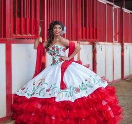 2017 Sexy Red White Satin Ball Gowns Embroidery Quinceanera Dresses With Beads Sweet 16 Dresses 15 Year Prom Gowns QS10037086678