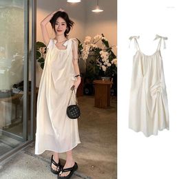 Casual Dresses French Fashion Gentle Vacation Beach Dress 2024 Women's Summer Loose White Bow Strap Female Clothing