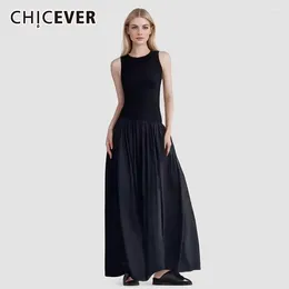 Casual Dresses CHICEVER Solid Sundresses For Women Round Neck Sleeveless Off Shoulder High Waist Slim Minimalist Summer Dress Female 2024