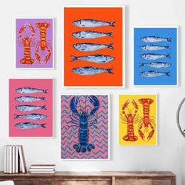 Wallpapers Colorful sardine lobsters marine animals posters canvas oil paintings retro murals kitchen living room home decoration J240505