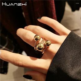 Cluster Rings HUANZHI Gold Colour 3 Balls Globe Shape Ring For Women Unisex Simple Creative Design Adjustable Stylish Metal Jewellery Gifts
