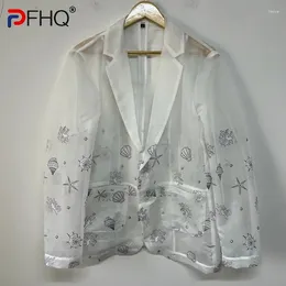 Men's Suits PFHQ Print Perspective Organza Blazers Hand-painted Simple Advanced Design Thin Summer Sun Protection Male Jackets 21Z4545