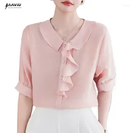 Women's Blouses NAVIU Pink Shirt Elegant Women Summer Ruffles Short Sleeve Casual Lyocell Office Ladies Work Coat Tops White