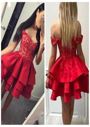 Modest Red Lace Short Homecoming Dresses 2018 Off Shoulder Mini Graduation Dress Tiered Skirt Cocktail Party Gowns2355812