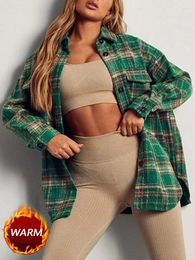 Women's Blouses Vintage Green Plaid Shirt For Women 2024 Spring Button Up Thick Oversized Shirts Jacket With Pocket Beautiful