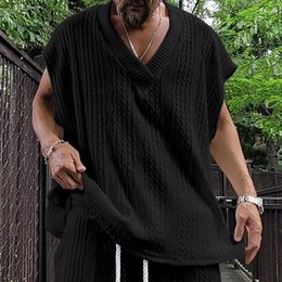 Men's Vests Vintage Jacquard Knitted Tank Tops Men Casual Solid Color Sleeveless V Neck Knit Vest Summer Beach Style Leisure Mens Camisoles