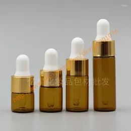 Storage Bottles 1ml/2ml/3ml/5ml Brown/Amber Glass Essential Oil Bottle With Gold Ring White/Black Rubber Lid.Mini Container Sample