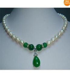 New Fine Pearl Jewelry natural green jade south sea white pearl necklace 17inch8317353
