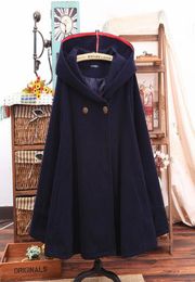 Japan Style Cute Mori Girl Ordinary Hooded Cloak Plus Size Coat Women Loose Button Solid Long Sleeve Winter Cotton Coats T1862590656