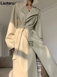Lautaro Spring Autumn Long Faux Leather Trench Coat for Women Belt Double Breasted Luxury Elegant Fashion 240423
