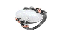 Beautiful Tree Flower Ring Jewellery Black Gold Filled Romantic CZ Big White Fire Opal Ring Women Drop Bands Finger Ring8936312