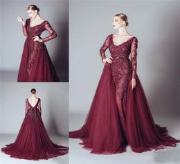 Alfazairy 2016 Burgundy Lace Long Sleeve Evening Dresses Sexy Backless 3Dfloral Applique Beads Tulle Detachable Skirt Custom Made5327598