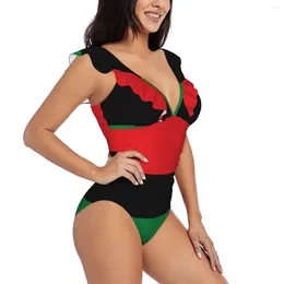 Women's Swimwear Sexy One Piece Swimsuit 2024 Women Pan African Flag Ruffled Monokini Female Bodysuit Girl Beach Bathing Suit