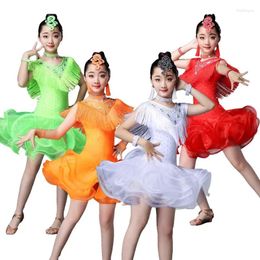 Stage Wear Tassel Latin Dance Skirt Costume Girls And Children Competition Grading Performance One-piece Fluffy