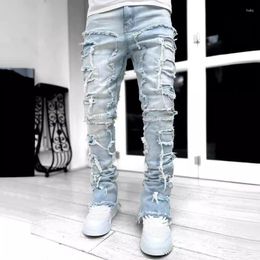 Men's Jeans 2024 Spring Summer Clothing Fashion Solid Color Elastic Patch Denim Straight-Leg Pants