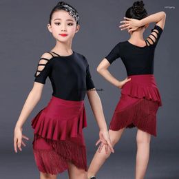 Stage Wear Girls Style Latin Dance Dress Fringe Skirt Children's Long Short Sleeve Children Practice Performance Competition