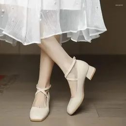 Dress Shoes Beige Square Toe Block Heel Japanese Style Lolita With Medium Heels Mary Jane Ladies Footwear Gothic Women's Fashion 39 E