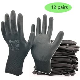 Gloves 24 Pcs/12 Pairs Black PU Nitrile Industrial Protective Safety Work Glove With Nylon Cotton Knitted Coated Palm Gloves