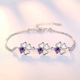 Chain JewelryTop Store 925 Sterling Silver Bracelet Jewellery Purple Wedding Lucky clover Cubic Zirconia Length 17CM+4CM H240504