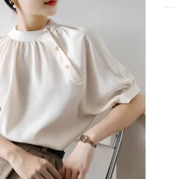 Women's Blouses QOERLIN Half Sleeve Women Satin Shirts Eleagnt Loose Casual Skew Button Tops Blouse Solid Colour Stand Collar Office Ladies