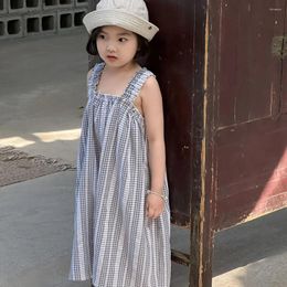 Trousers Girls Pants 2024 Korean Style Summer Plaid Ruffle Romper Suspenders Vest Casual Simple Fashion Loose Children