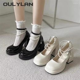 Dress Shoes Oulylan 2024 Ladies High Heels Elegant Toe Black Fashion Thick Heel Wedding Party Pearl Lace Shoe