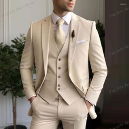 Men's Suits Beige Men Formal Business Prom Casual Suit Groom Groomsman Tuxedos Wedding Party Male 3 Piece Set Blazer Vest Pants