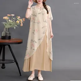 Party Dresses 2024 Chinese Style Dress Cheongsam Robes Patchwork Print Floral Thin Light Loose Fashion Women Casual Summer Midi