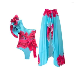 Women's Swimwear Fashion Floral Print Ruffle Colorblock One-Piece Swimsuit Sexy Erotic Suit 2024 Summer Beach EleganceMaillots De Bain