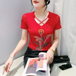 2024 Summer Fashion Korean T-shirt Clothes Sexy Hollow Out Diamonds Flower Women Tops Ropa Mujer Mesh Tees 240420