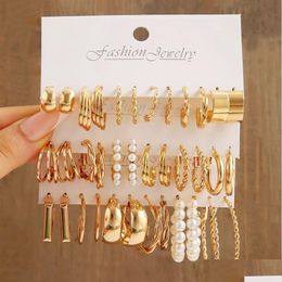 Hoop Huggie Earrings 18Pcs Of Suit Women C Shaped Geometric Fakepearl Metal Atmospheric Queuing Alloy Goldcolor Drop Delivery Jewel Dht7X