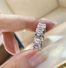 35mm 925 Sterling Silver Emerald Shape Zirconia Row Drill Ring Women Fine Wedding Jewellery Full Stone Cluster Rings9817762