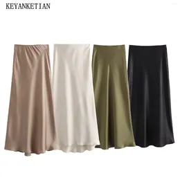 Skirts KEYANKETIAN Launch Women's Satin MIDI Skirt Spring Clothing Elastic Waist Solid A Line Ankle Long Office Lady
