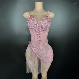 Casual Dresses Flashing Rhinestones Tassels Pink Color Sexy Sheath Mini Dress Birthday Celebrate Evening Party Costume Nightclub Stage Wear