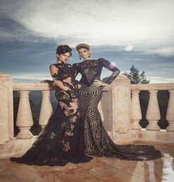 Elegant New Muslim Gothic Lace Mermaid Tulle Evening Dress Black Appliques Long Sleeve Custom Made Beads Long Formal Gowns Se7947159