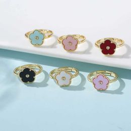 Cluster Rings Gold Plated Geometric Plant Flower Zircon Five Leaf Petal Sunflower Opening Adjustable Ring Ladies Hot Gift Bride H240504