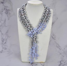 GuaiGuai Jewelry 3 Strands Gray Pearl Blue Chalcedony Agates Long Necklace Handmade For Women Real Gems Stone Lady Fashion Jewelle6256515