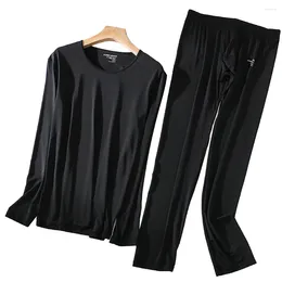 Men's Tracksuits Ultra Thin Ice Silk Long Underwear Set For Men O Neck Sleeve Top With Elastic Waist Trousers Comfortable Sleepwear