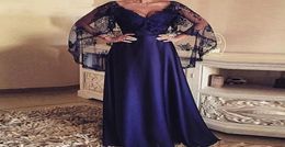 2020 Elegant Blue A line Appliques Mother of the Bride Dresses Cape Vestido de Renda Groom Mother Suits Plus Size4022150