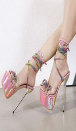 New Rainbow Rhinestone Crystal Bowknot PVC Transparent Sandals Women High Heels Lace Up Platform Shoes Stripper Heels Prom Pumps3888311