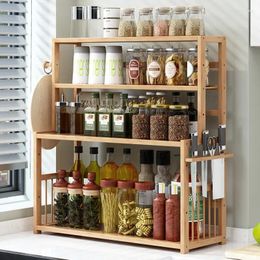 Kitchen Storage Organiser Shelf Simple Seasoning Shelving Multi-Layer Oil Salt Sauce Vinegar Space Wooden Rack