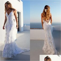 Basic & Casual Dresses Y Deep V-Neck Mermaid Wedding Dress Boho Sleeveless Lace Appliques Bridal Gown Backless Zipper Tle Train Vesti Dh1Am