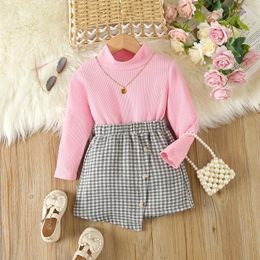 Clothing Sets Autumn Girl Suit Solid Colour Long Sleeved Turtleneck Tops Plaid Skirt 2Pcs Girls Outfits Korean Kids Children