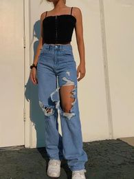 Women's Jeans Women's Youth Street Style High Waist Straight Loose Wide Leg Pants Casual Fashion Party Big Hole Blue