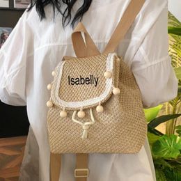 School Bags Contrasting Straw Woven Handbag For Women's Leisure Vacation Personalized Backpack Versatile Bag